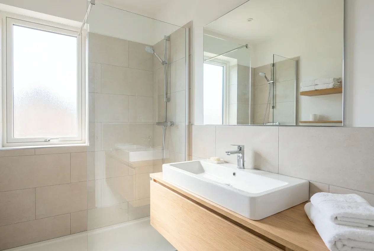 Salle de bain rénovée à Pau : vasque, meuble bois et douche, finition soignée